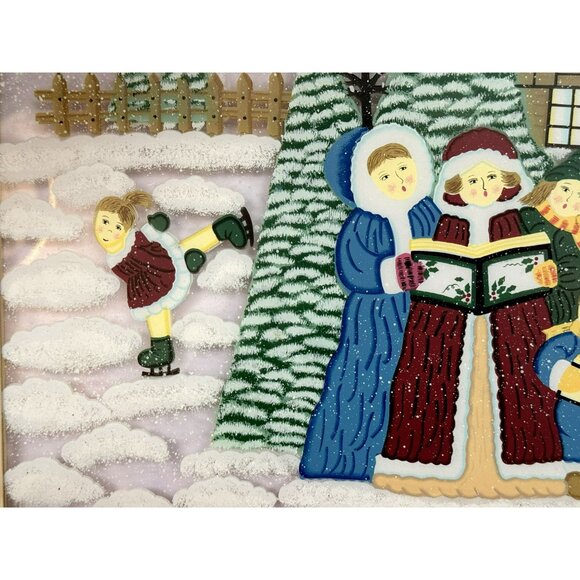 Winter Holiday Framed Hand-Painted Wall Window Hanging Carolers Snowman Skater - Picture 3 of 7